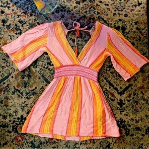 Colorful Striped Beach Dress with Back Tassel Tie Yellow + Pink
